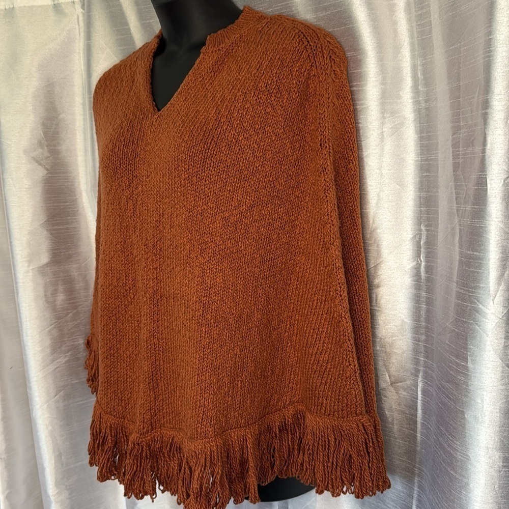 Talbots Women’s S/M Orange Fringe V Neck Pima Cotton Shawl - Picture 2 of 8